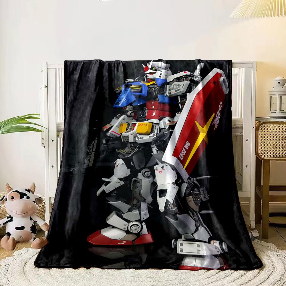 A detailed robot with a red-white shield, bright accents, and mechanical parts. for all seasons blanket lunch break throw gift 80cm x 120cm