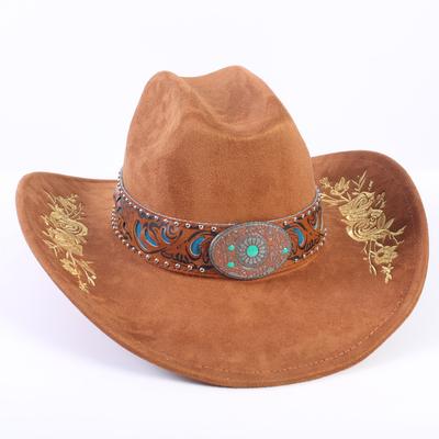 Popular European and American Classic Suede Western Cowboy Hat Men's and Women's Big Brim Embroidered Outdoor Sun Hat