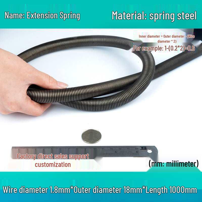 1m Spring Coil Extension with Hook - Strong Tensile Force, Thin Soft Sheath, for Tarpaulins & Sliding Doors