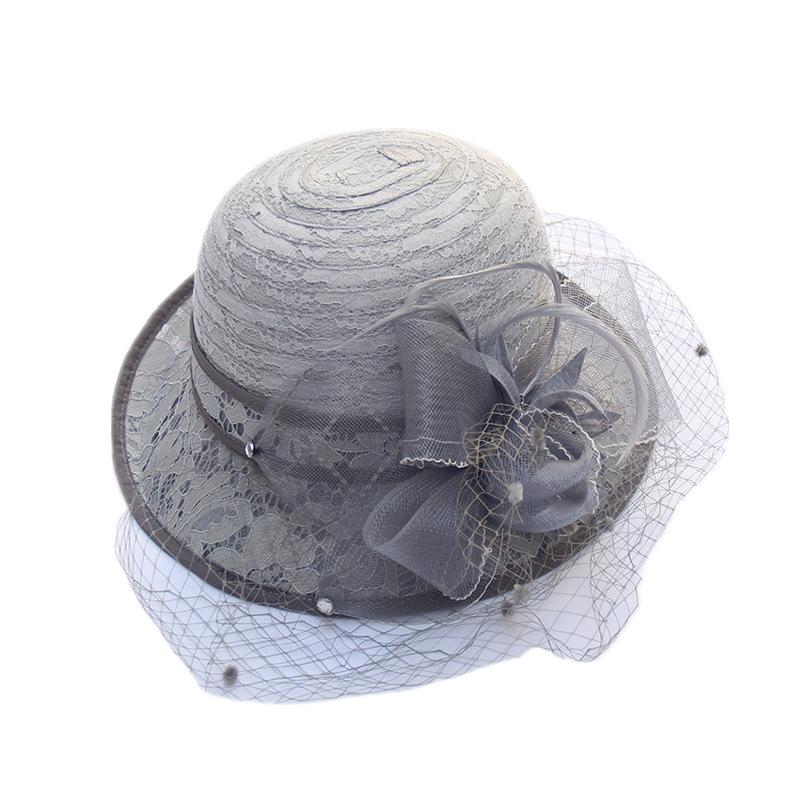 Curled top hat women's summer face cover mesh fashion basin hat British retro sun hat elegant flower lace bucket hat