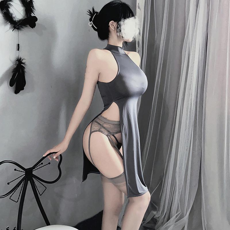 770 Plus Size Sexy Lingerie Slit Cheongsam Dress - Buttock-Revealing Summer Pajamas for Women, High Elasticity, Ideal for Roleplay