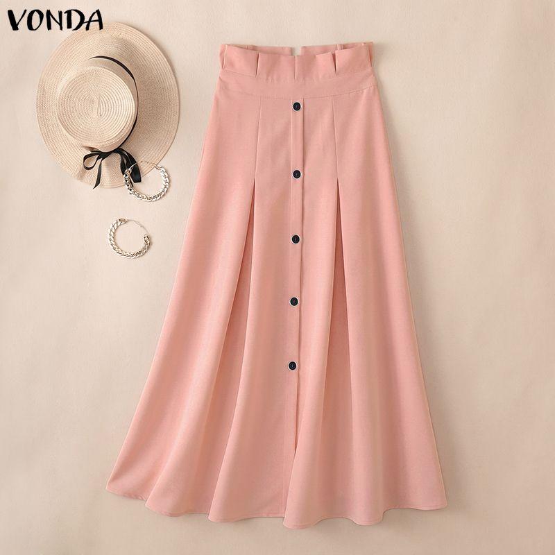 VONDA Women Zip-up Ruffled High Waist Casual Thin A-line Maxi Pleated Skirts