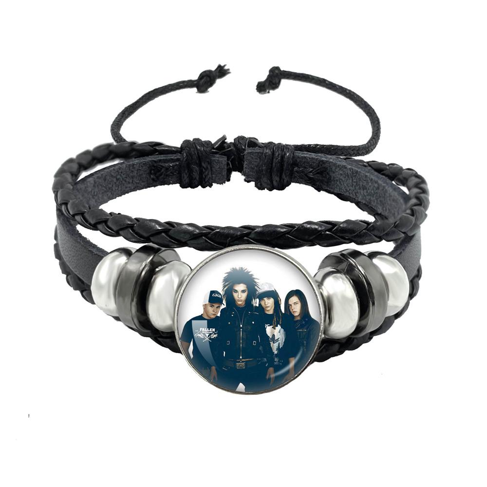 Pop Retro Rock Band Tokio Hotel Bill Kaulitz Band Black Rope Button Glass Cabochon Leather Bracelet Jewelry Charm Fans