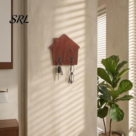 No Damage Wall Mounted Hooks Wood House Shape Storage Hook, Strong Traceless Adhesive Decorative Solid Hangers American Style Hanger for Home Entryway