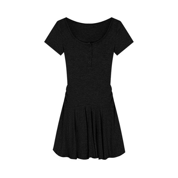 2026 new gray slim-fitting short-sleeved dress for women's summer waist pleated A-shaped skirt for small people