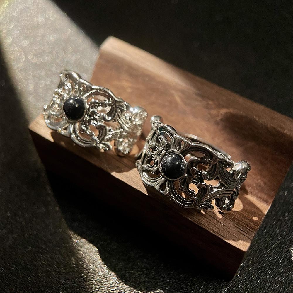 Retro Mongolian Tribal Flower Pattern Open Ring for Men & Women Antique Gothic Adjustable Ring Alloy Silver Plated  Gift