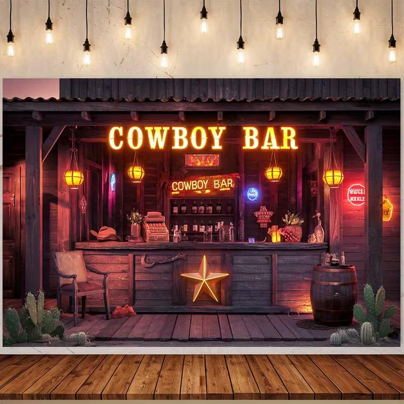 

2D Western Cowboy Bar Banner, Retro Wooden Bar & Neon Light Photo Background for Themed Party Photoshoot 47.2x31.5inch/120*80cm