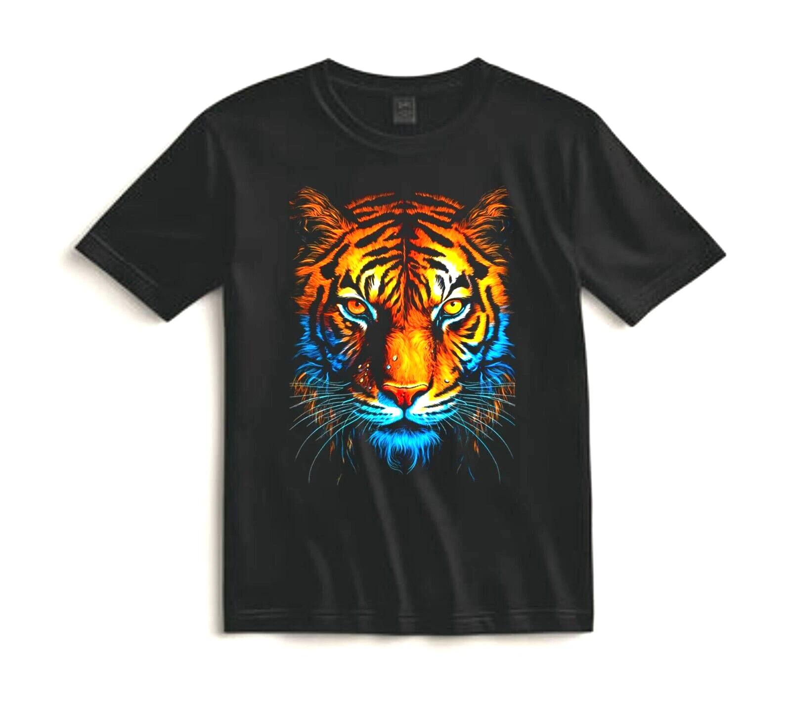 Tiger Face Shirt Neon Jungle Art Graphic Tee Wildlife Gift for Animal Lovers 2XL