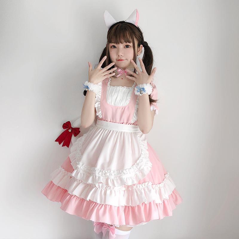 Rosa Katzen-Maid-Outfit Lolita Soft Girl Kleid, Maid-Outfit Cosplay Anime Rollenspiel