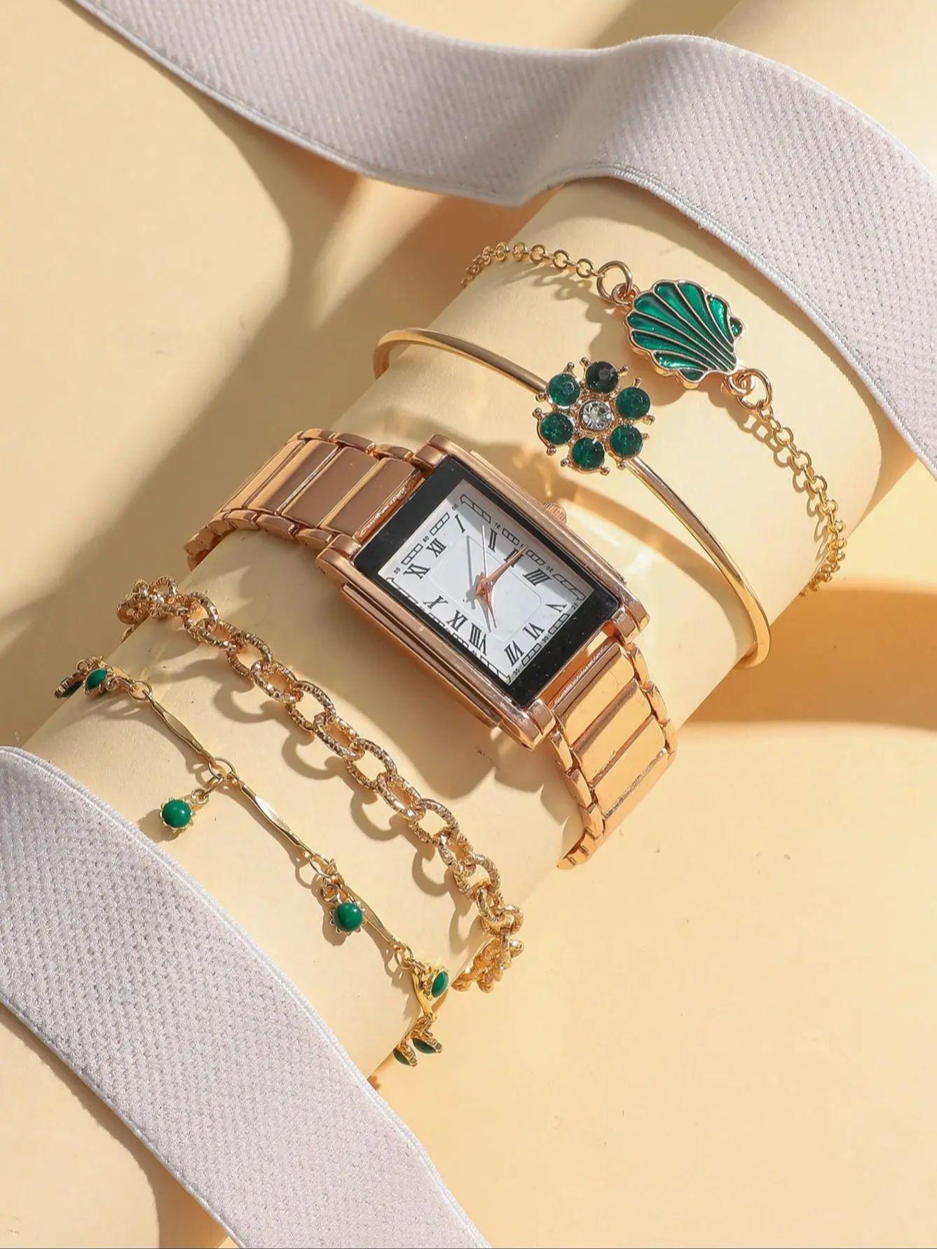 

5pcs/set; Ladies Fashion Square Quartz Watch with Green Small Flower Bracelet Accessories Set for Festival золотий