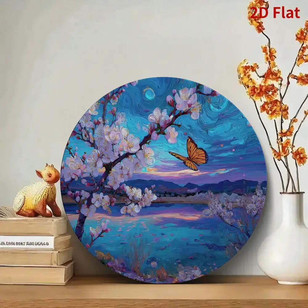 D D Flat Surface D Flat Surface Surface Cherry Blossom Aluminum Artwork Natural Scenery Spring Metal Wall Decoration Round