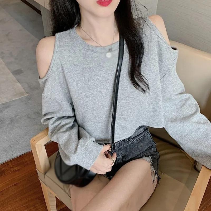 Vintage Off Shoulder Tshirts For Woman Long-Sleeved T-Shirt Women's 2020 Korean Round Neck Loose Solid Color All-Match