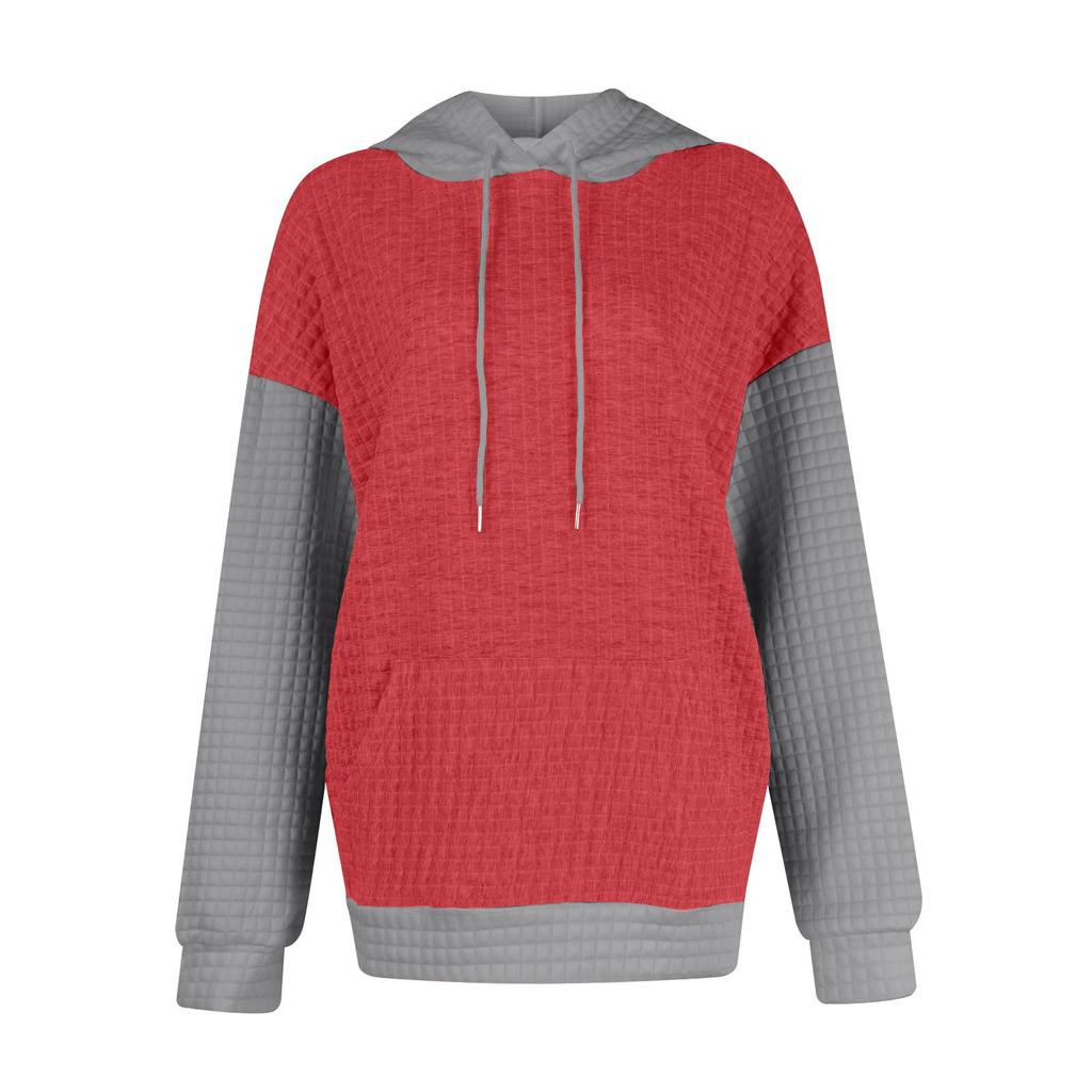 Damska Moda Luźny Pulower z Kapturem Długi Rękaw Kolorowy Blok Krata Bluza ze Sznurkiem Pasek na Ramię Kieszeń Top