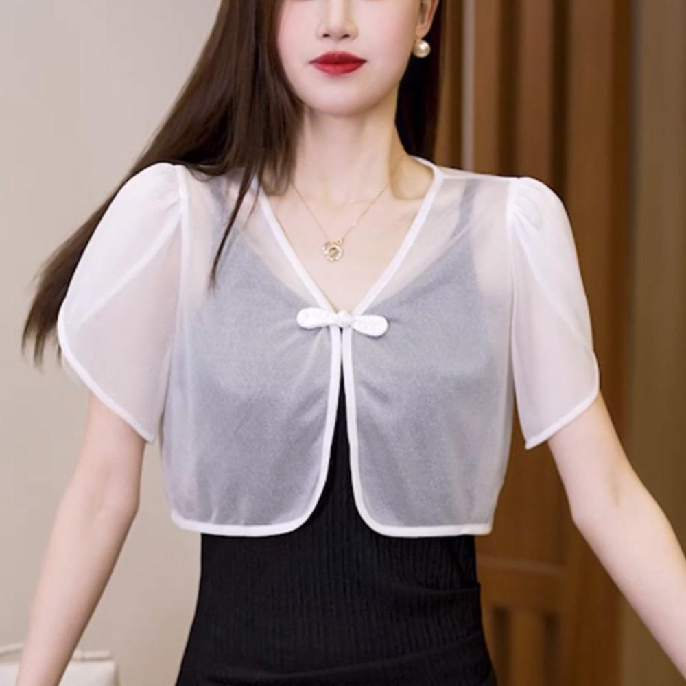 Short Chiffon Shawl Chiffon Women Tops Thin Jacket Tulle Shawl Women Girls White L(50kg-60kg)