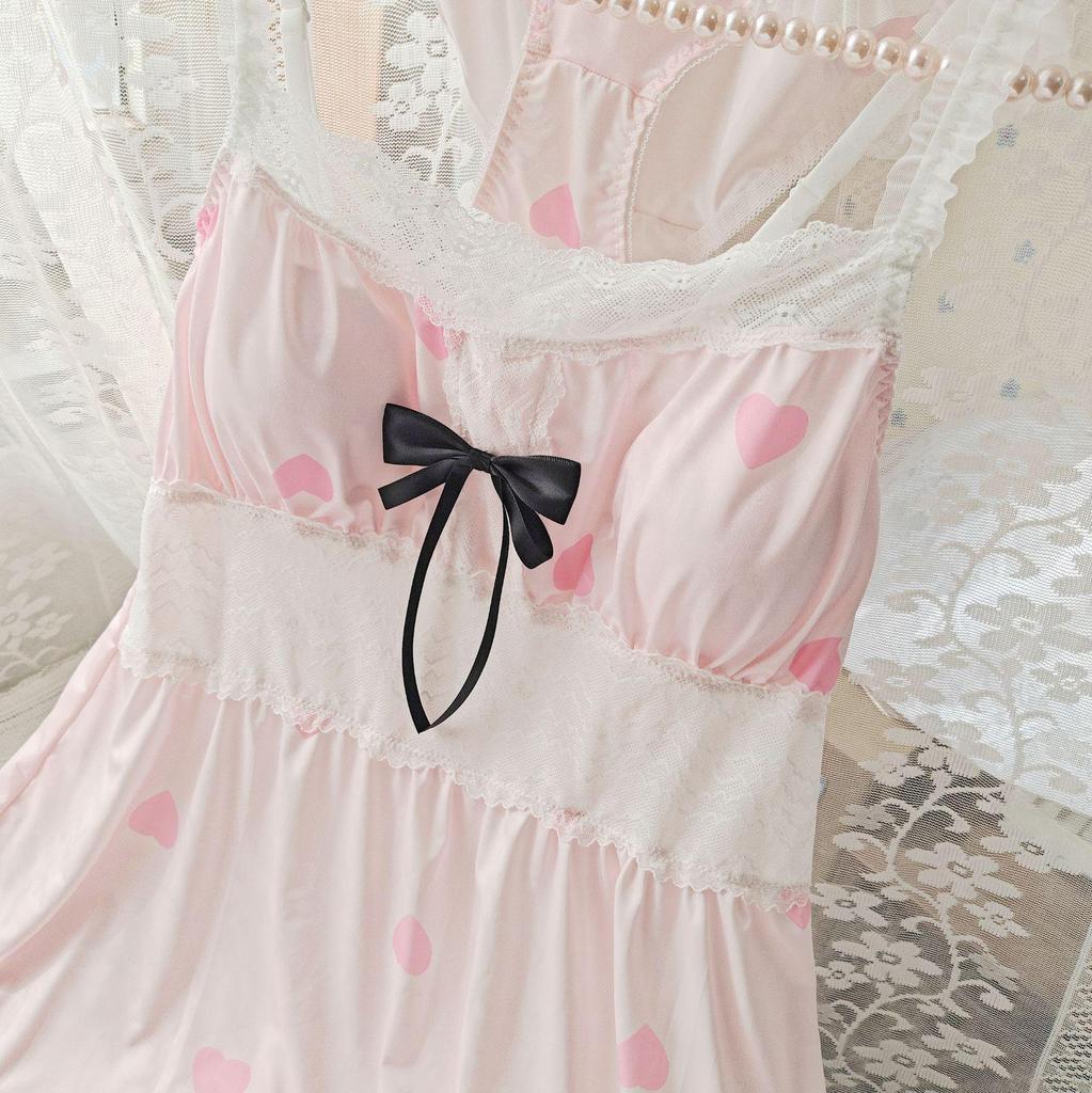 Women's Japanese Ice Silk Pajama Set: Printed Strappy Nightgown with Bow, Sweet Sexy Style, Includes Thin Bra Pads for Home Wear.