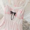 Women's Japanese Ice Silk Pajama Set: Printed Strappy Nightgown with Bow, Sweet Sexy Style, Includes Thin Bra Pads for Home Wear.