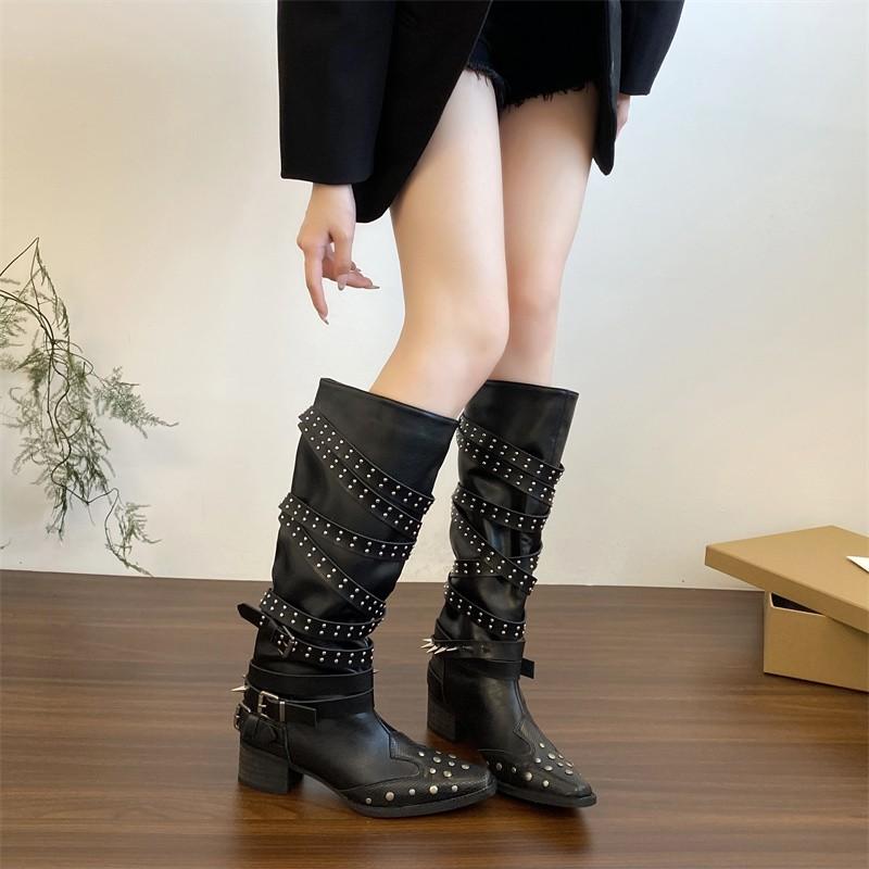Fashion Designer Women's Boots Autumn Cosy Pointed Toe Woman Shoes Fashion Sexy Knee-High Boots for Women Rivet Belt Buckle Thick Heel