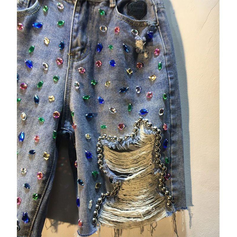 Jeans Hole Shorts Women Summer Short Pants High Waist Stretch Distressed Washed Diamonds Streetwear Straight Denims