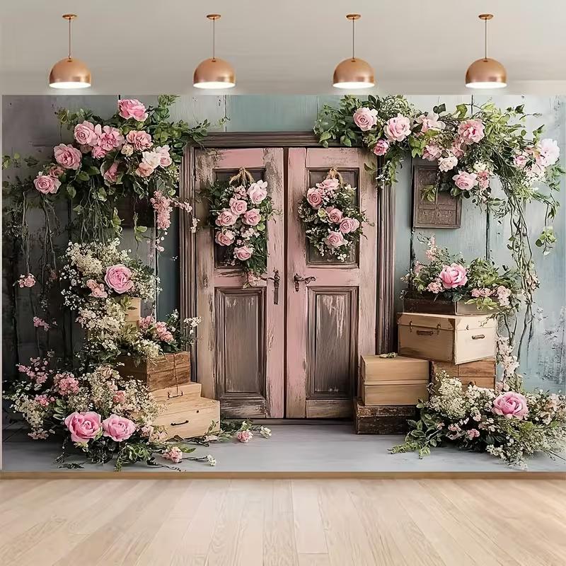 2D Floral Door Tapestry, Vintage Wood, Pink Roses, Greenery and Crates 47.2x31.5inch/120*80cm