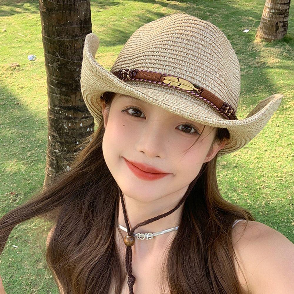 Hiking Straw Cowgirl Hat Summer Sunscreen Visor Cap Fashion Western Cowboy Hats  Outdoor