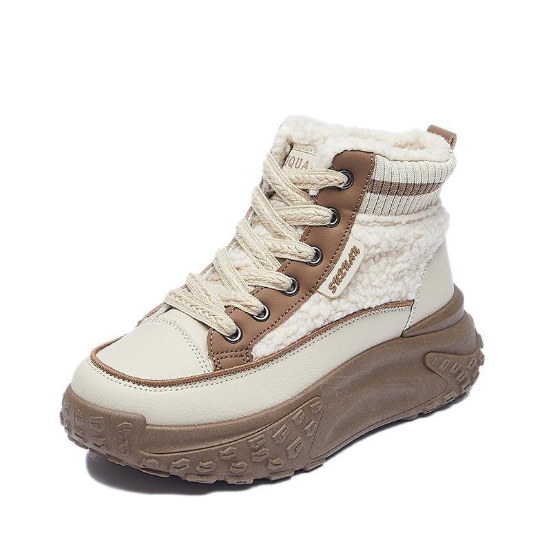 Women Winter Warm Faux Fur Lined Chunky Platform Lace Up Anti Slip PU Leather Ankle Snow Booties