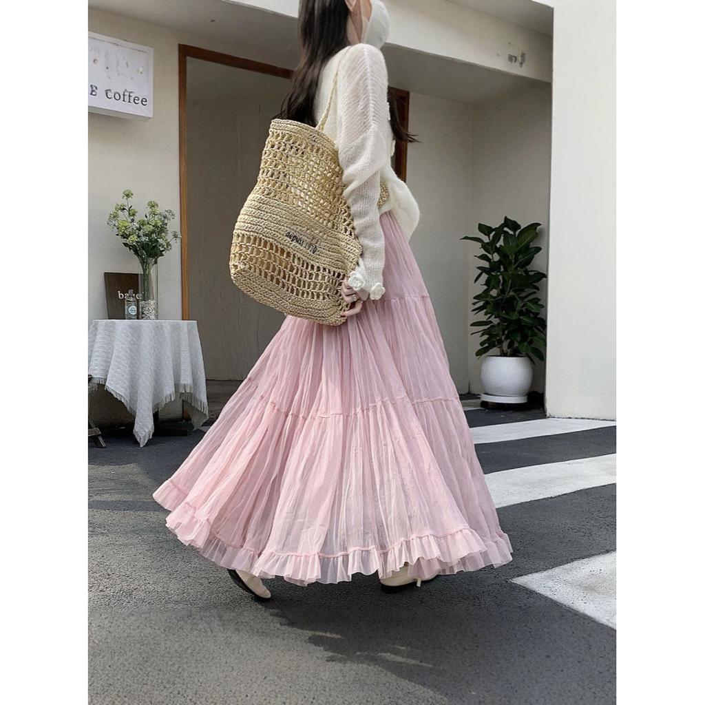 Spring Elegant Pleated Skirt for Women with Elastic Waist Slim Fit A-Line Long Design