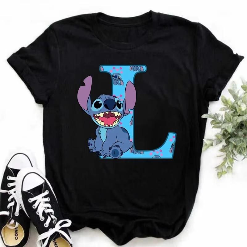 T-shirt pour femme Alphabet A-Z Kawaii Dessin Animé Imprimé Manches Courtes T-shirt Femme Disney Été Décontracté Vêtements Dessin Animé T-shirt