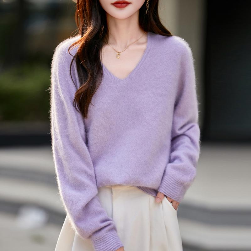 Women's High-Grade Seamless Wool V-Neck Sweater - Autumn/Winter Collection, Long Sleeve, Soft Plush Knit Base Layer