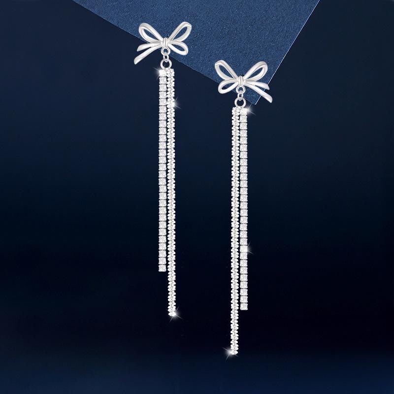 S925 Sterling Silver Bowknot Diamond Inlaid Long Tassel Earrings - Luxurious, Versatile Fashion Accessories for Women