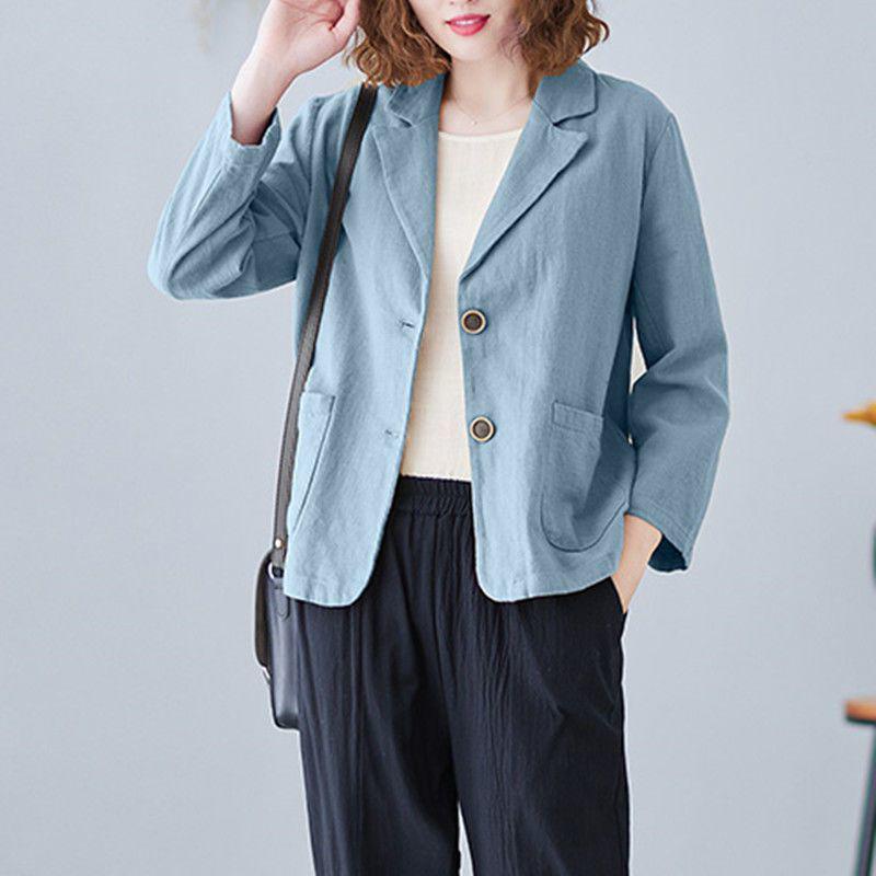 Women's 2024 Spring/Autumn Cotton-Linen Loose Casual Blazer - Plus Size, Long Sleeve, Short Jacket
