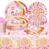 Bohemian Daisy Rainbow Disposable Party Tableware Set: Tablecloth, Plates, Cups & Napkins.