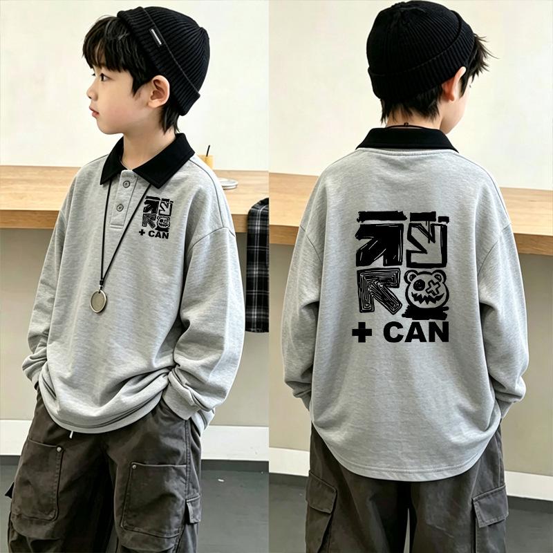 Color Block Korean Style Boys' Long Sleeve Polo Shirt - Patchwork Lapel T-shirt for Spring & Autumn (Ages 6-12)