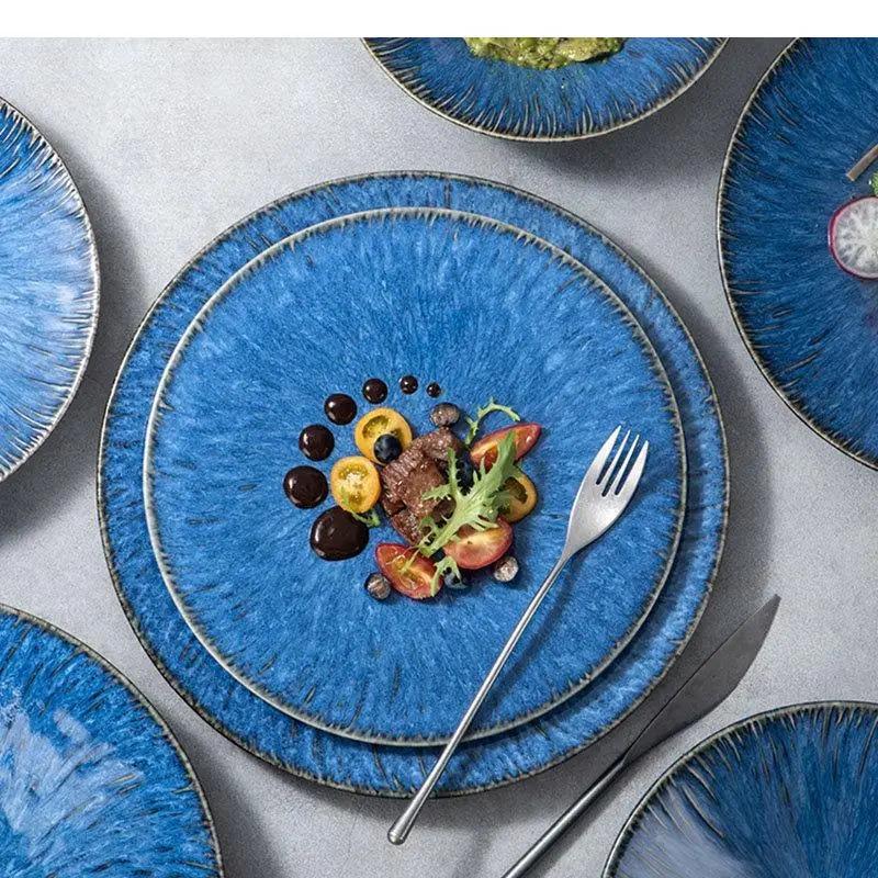 Nordic Blue Ceramic Dinner Plate Restaurant Pasta Steak Plates Home Fruit Salad Bowl Cake Dessert Kitchen Utensils