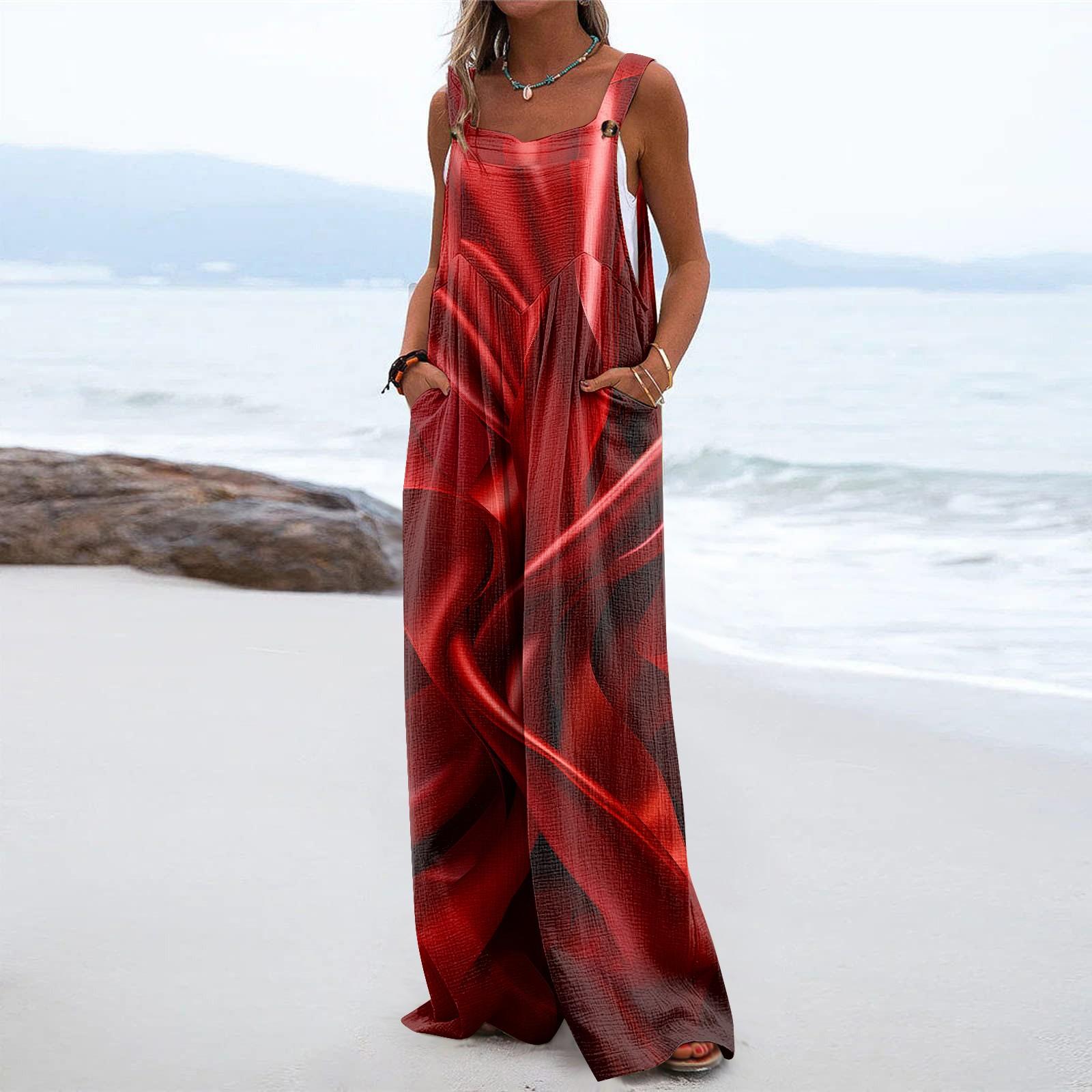 

Женский комбинезон с широкими штанинами, повседневный свободный комбинезон без рукавов, длинные брюки с длинными брюками и пуговицами с принтом, комбинезон с карманами XL красный