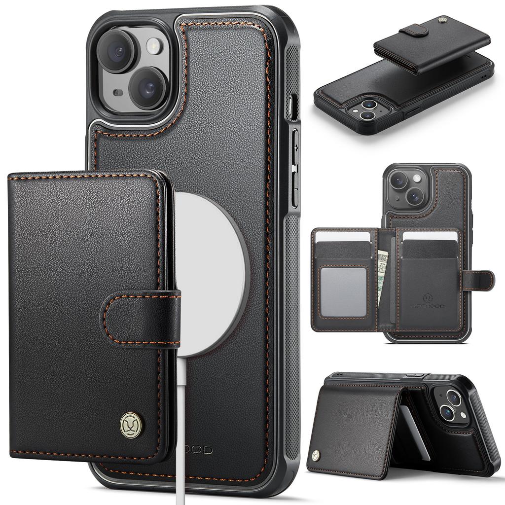 For iPhone 15 Case JEEHOOD J09 RFID Blocking Card Holder Leather Back Phone Cover Compatible with MagSafe