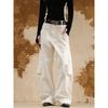 Heavyweight White Pleated Cargo Pants for Men, Winter American-Style Design, Patchwork Wide-Leg Pants, High-Street Versatile Casual Trousers