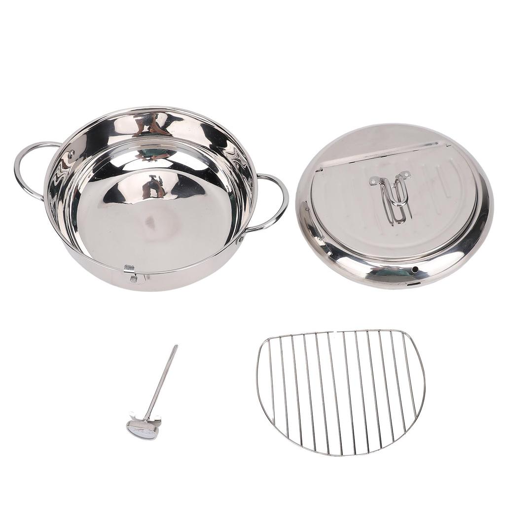 Frying Pot 3.2L Double Ear 201 Stainless Steel Deep Fryer Pot with Oil Drip Drainer Rack Thermometer for Tempura