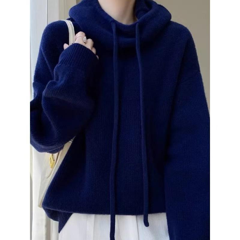 Women's European Wool Hooded Sweater: Thick, Loose-Fit, Long Sleeve, Slimming Base Layer.