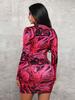 Streetwear Tropical Print Mini Bodycon Dress With Long Sleeves For Autumn 2024