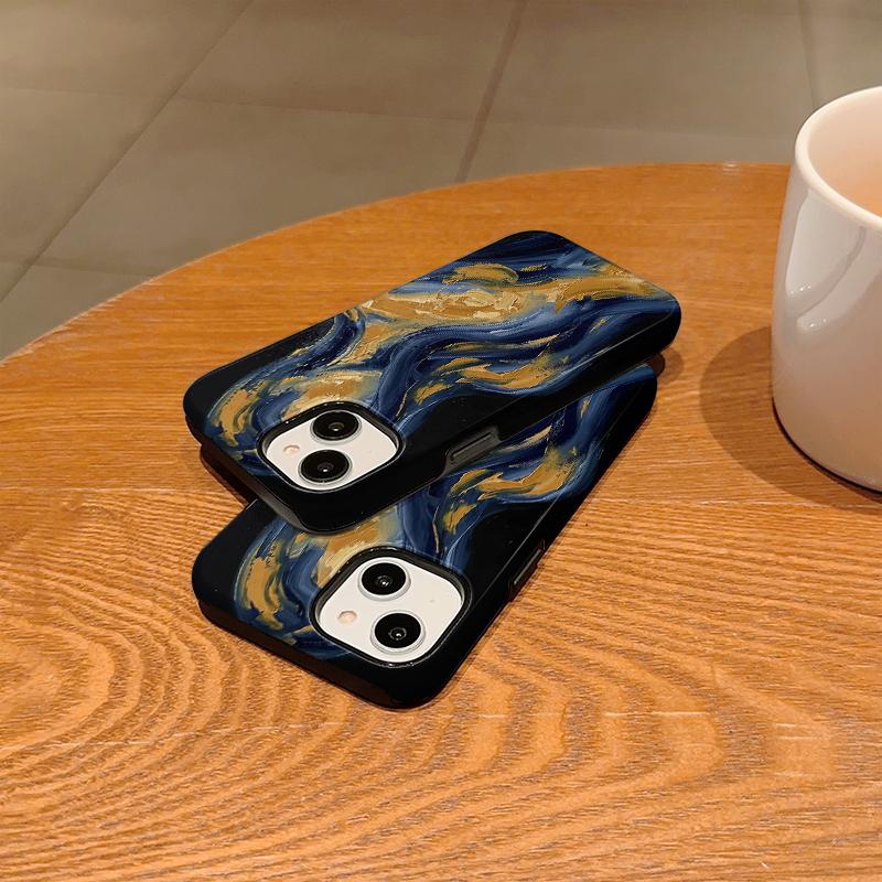 Luxurious Golden Blue Thick Oil Painting Abstract Swirl Fluid Art Film Aesthetic Protective Shockproof Bumper Case Cover For iPhone 14 15 16ProMaxPlus