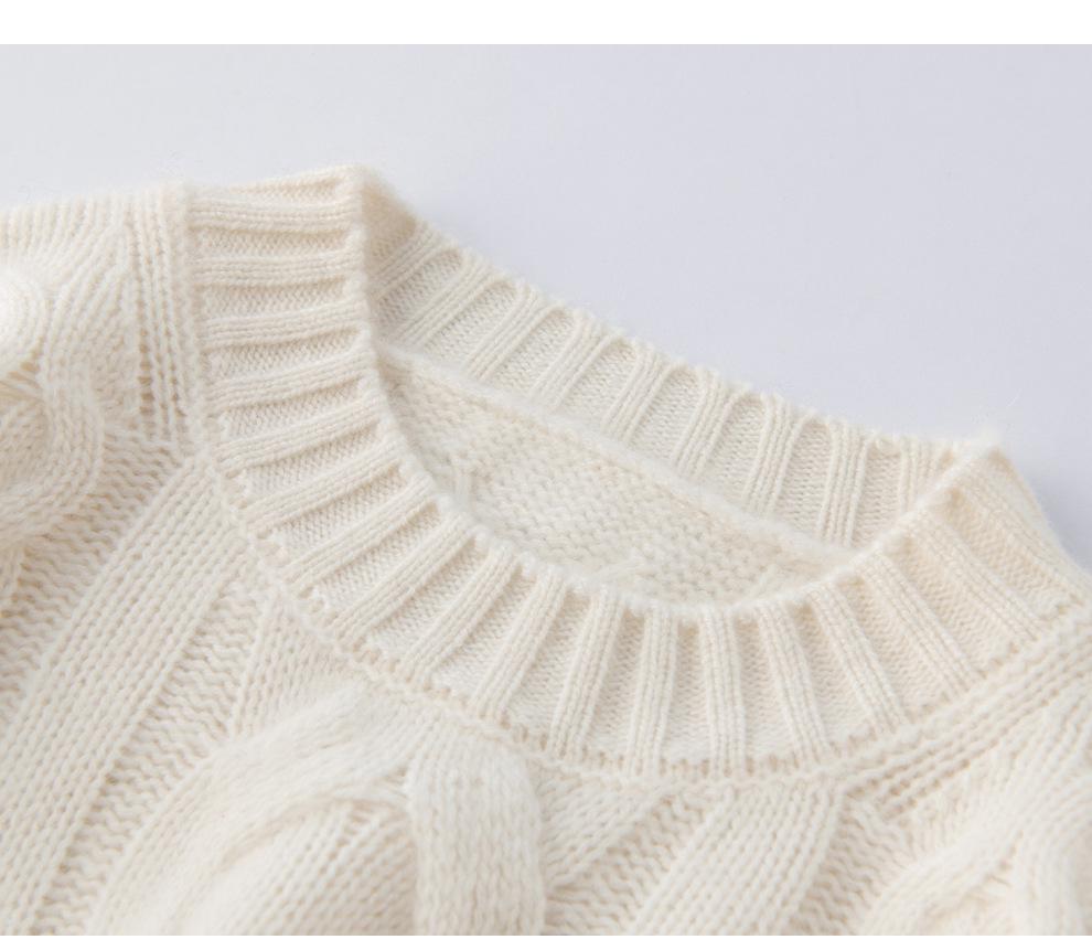 Women's Round Neck Cable Knit Cashmere Sweater - 2026 Autumn/Winter, Gentle Style, Solid Color, Thick and Warm Base Layer.