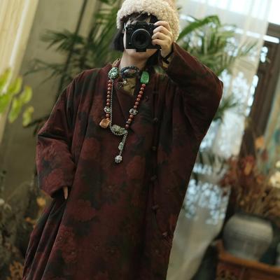 Women Print Floral Parkas Winter Vintage Coats Warm Long Sleeve Chinese Style Button Female Coats