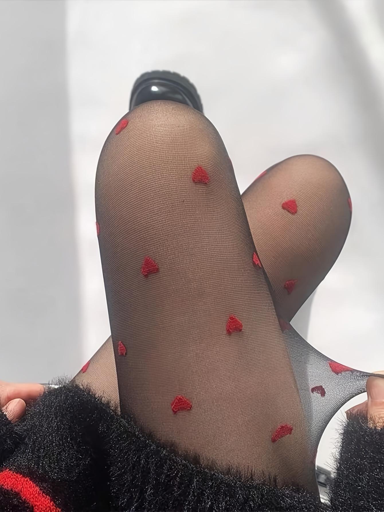 1 Pair Of Women S Red Small Heart Pattern Thin Leggings And Black Pantyhose One Size