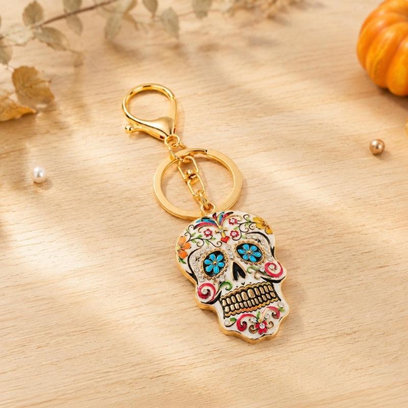 Halloween Skull Keychain Charm, Floral Skull Bag Charm with Alloy Hardware, Lobster Clasp and Round Key Ring for Keys