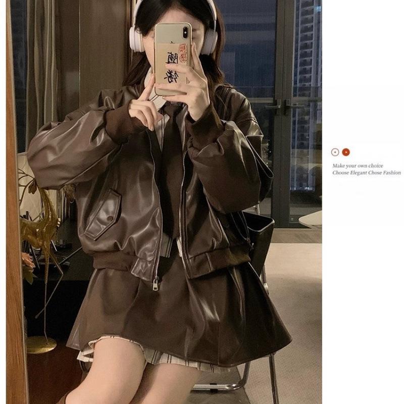 Women s Coffee PU Leather Jacket & Skirt Autumn Two-Piece Set M