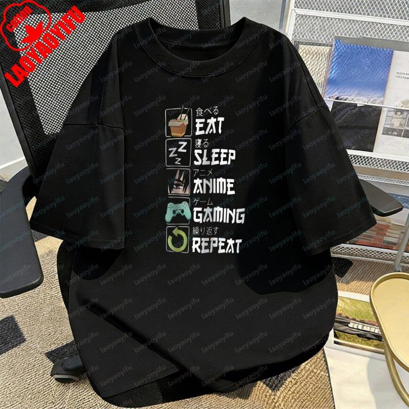 Eat Sleep Anime Gaming Repeat Pattern Funny Tops Anime Otaku Gift Retro Tee Creative Trend Casual Style Camisetas Shirt for Men