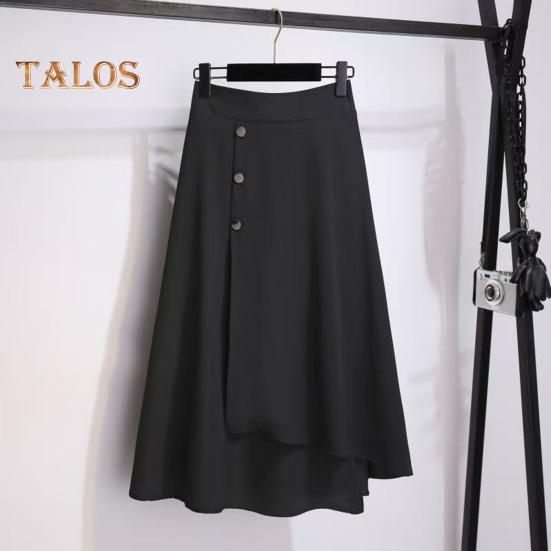 Midirock mit hoher Taille, Knöpfen, Dekor, unregelmäßiger A-Linien-Rock mit großem Saum, einfarbig, dünner Sommerrock