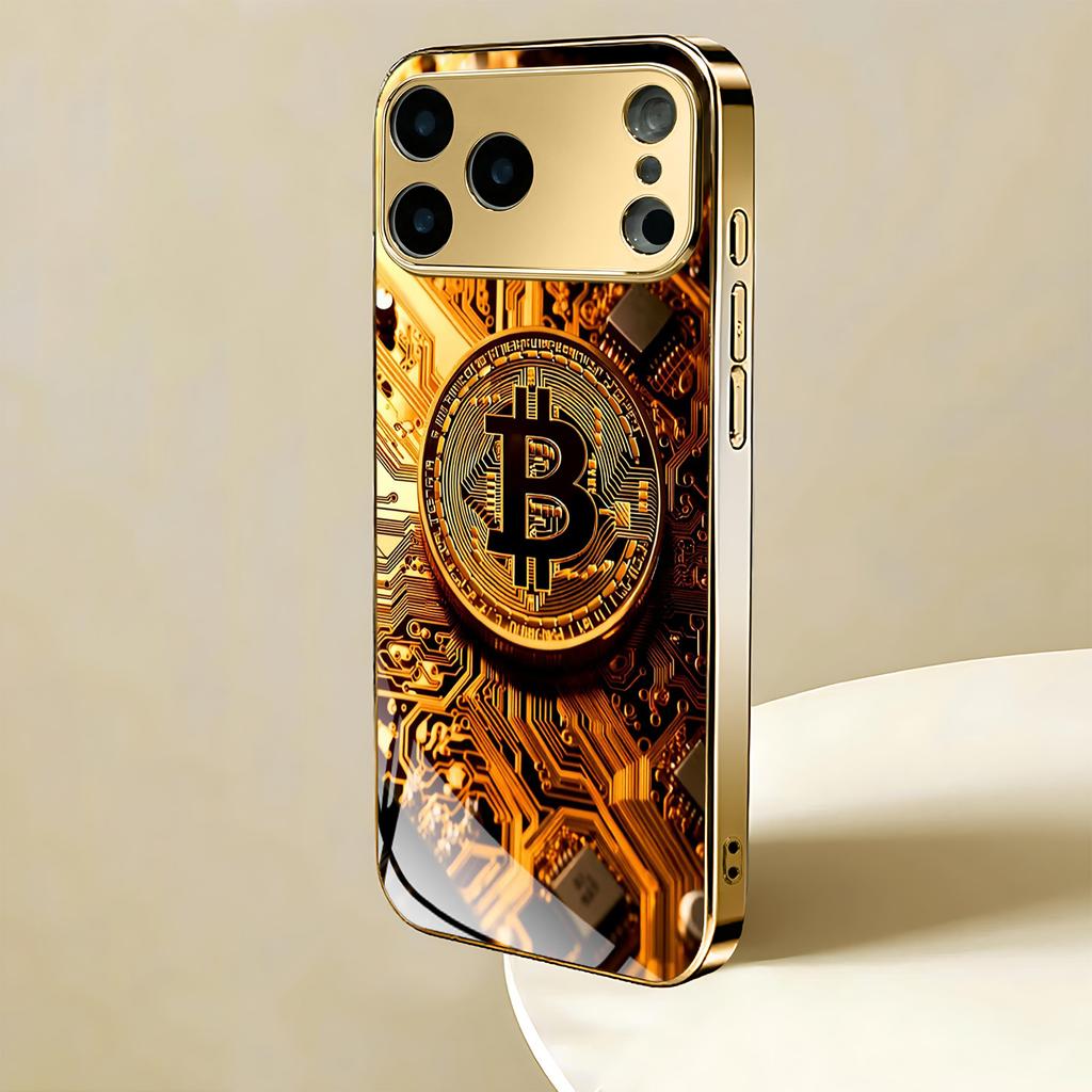 Premium Gold Bitcoin Tech Pattern For Iphone 17 Case Fashion Phone Cases Glass Phone Case for iPhone 17 16 15 14 13 Pm Pro Plus