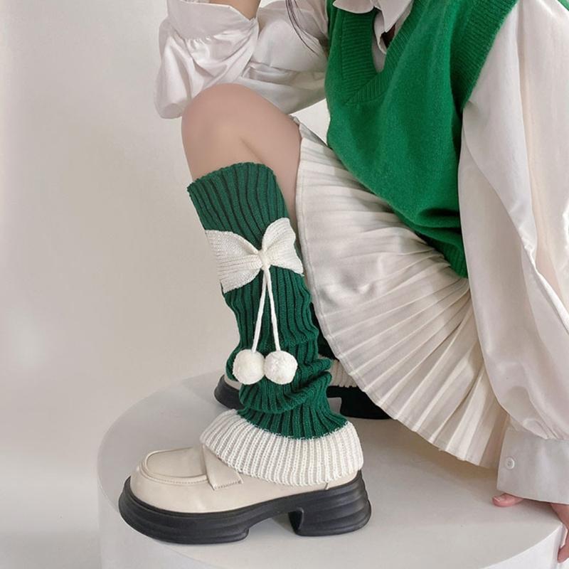 Fashionable Women's Leg Warmers Ribbed Socks Elastic Lace Trim with Cute Bows and Fuzzy Ball Winter Accessories