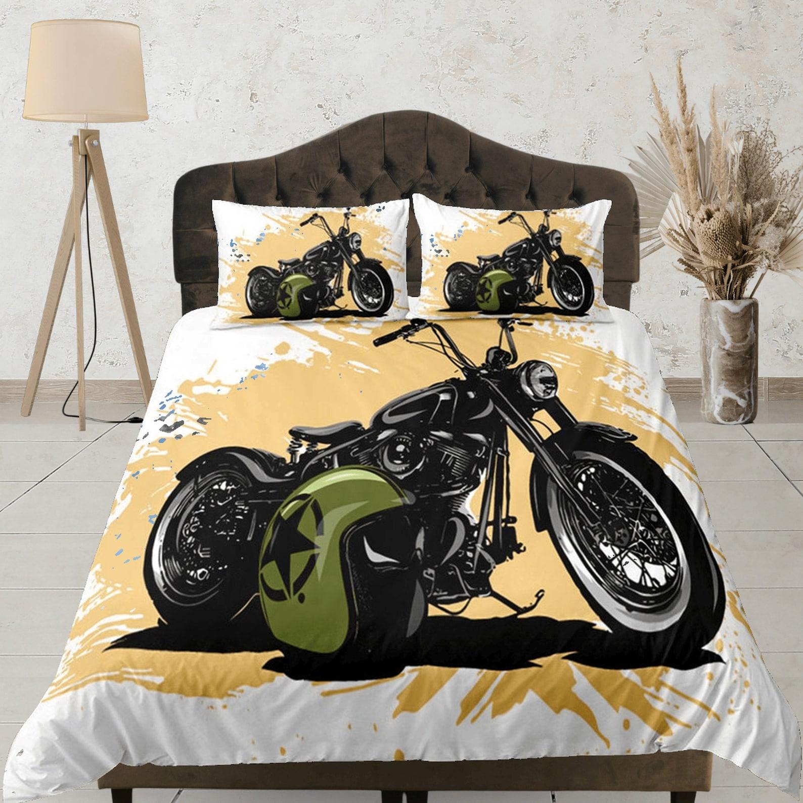 

Motorcycle Duvet Cover, Kids Bedding, Twin Size, Cool Bike Design, Black and Green, Vintage Motorcycle Print, Bedroom Decor, Cozy Bedspread 135x200cm